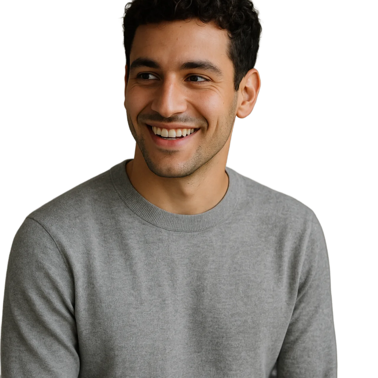 Portrait photo with background removed, showing transparent checkerboard pattern